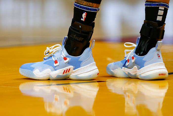 Atlanta Hawks guard Trae Young wears the Adidas Trae Young 1 'Icee' sneakers against the Miami Heat on January 14, 2022.